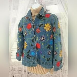 Chico's small 0 Jean jacket embroidered Artys Boho Red Blue